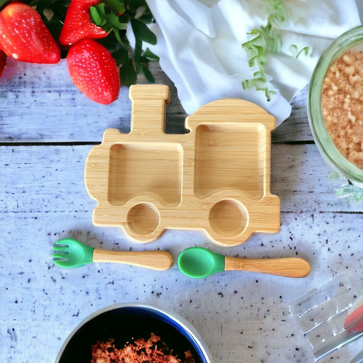 Bamboo Train Plate and Cutlery Set For Baby Weaning - The Little Bunny Australia