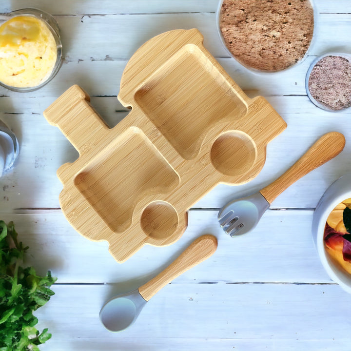 Bamboo Train Plate and Cutlery Set For Baby Weaning - The Little Bunny Australia