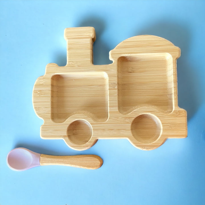 Bamboo Train Plate and Cutlery Set For Baby Weaning - The Little Bunny Australia