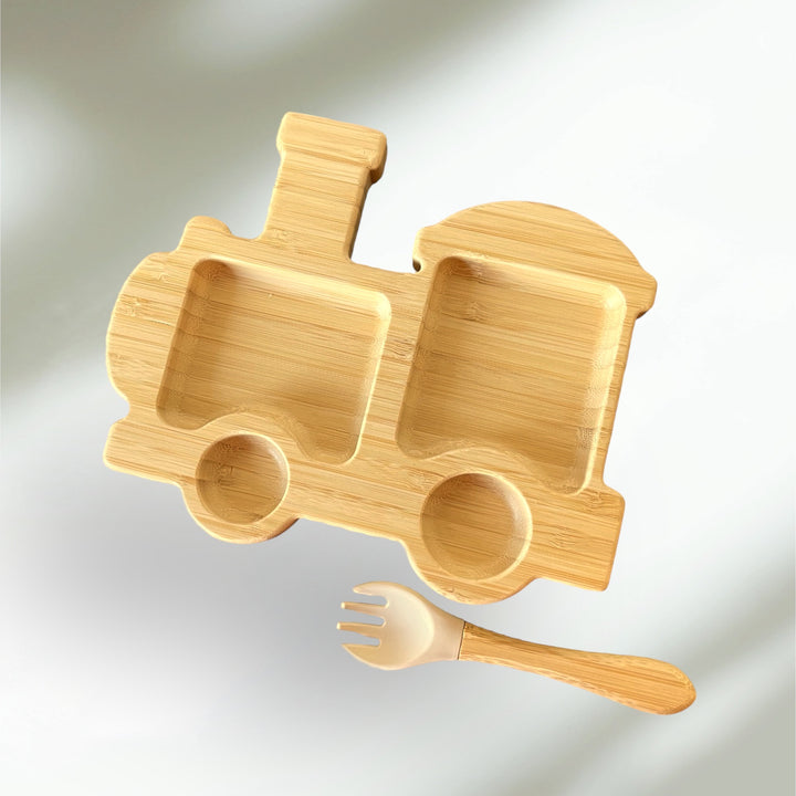 Bamboo Train Plate and Cutlery Set For Baby Weaning - The Little Bunny Australia