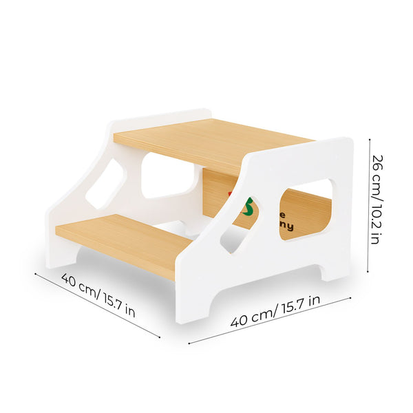 The Little Bunny kids step stool with dimensions: 40cm width, 26cm height, made from eco-friendly wood and white frame