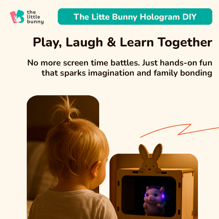 A young child watching a glowing 3D character inside a bunny-shaped hologram box. Warm light highlights imagination, screen-free learning, and family bonding.