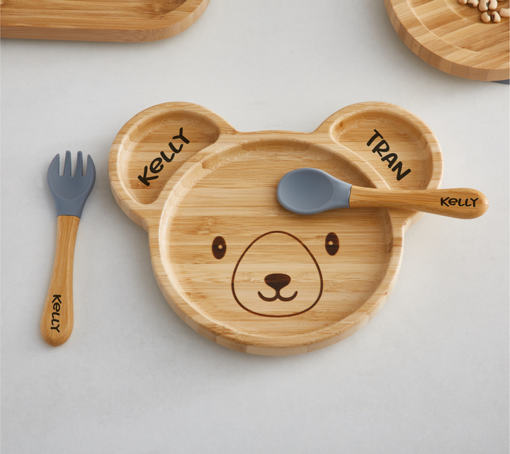 Personalised Bamboo Bear Plate and Cutlery Kids Dinner Set - The Little Bunny Australia