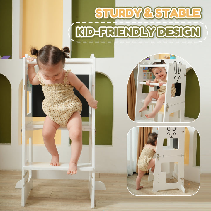 Toddler climbing The Little Bunny white bunny-themed learning tower, demonstrating its sturdy, stable, and kid-friendly design with side rails and wide steps