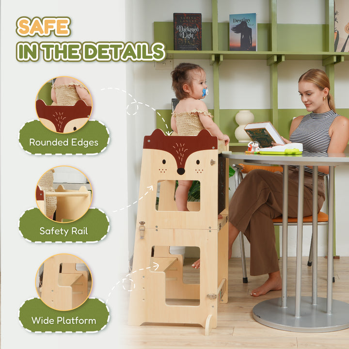 Fox-themed learning tower by The Little Bunny, shown with safety-focused features including rounded edges, safety rail, and wide platform for toddlers.
