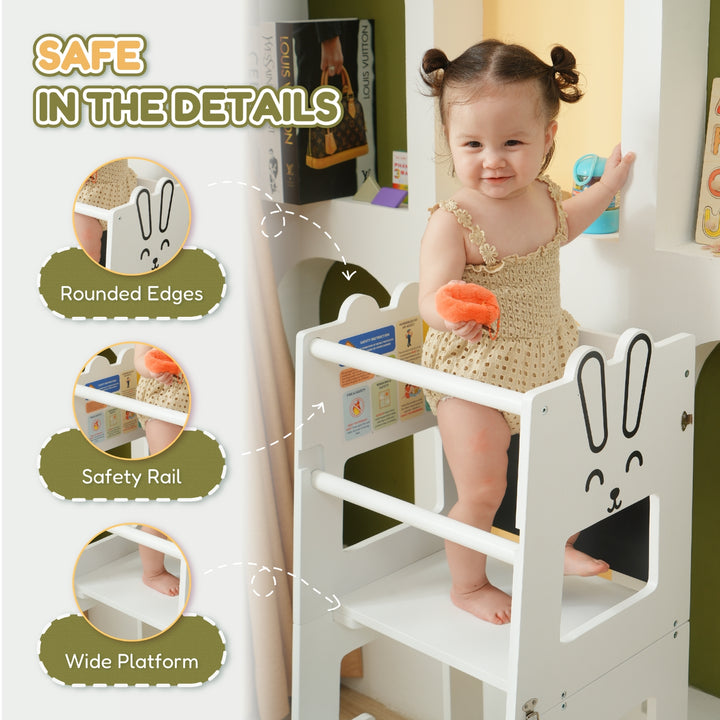 White bunny-themed toddler step stool with rounded edges, safety rails, and wide platform – designed for safe climbing and standing