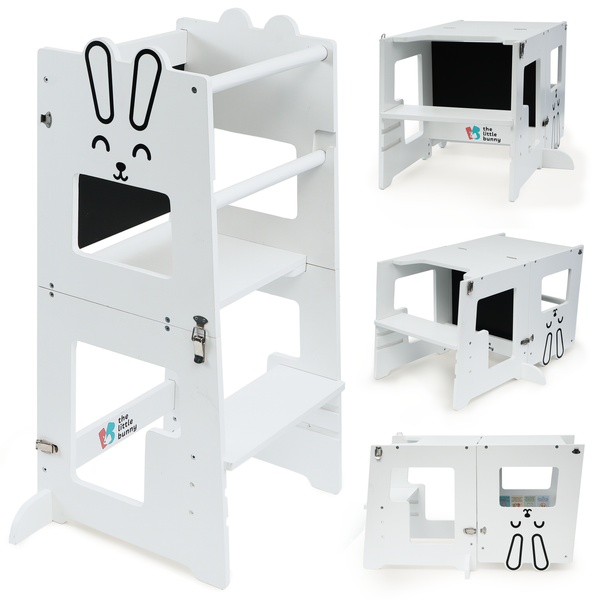 White bunny-themed convertible learning tower by The Little Bunny, shown in tower, desk, and blackboard modes for toddlers