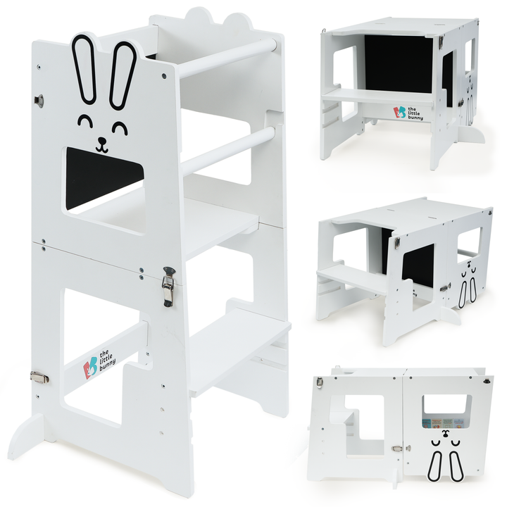 White bunny-themed convertible learning tower by The Little Bunny, shown in tower, desk, and blackboard modes for toddlers