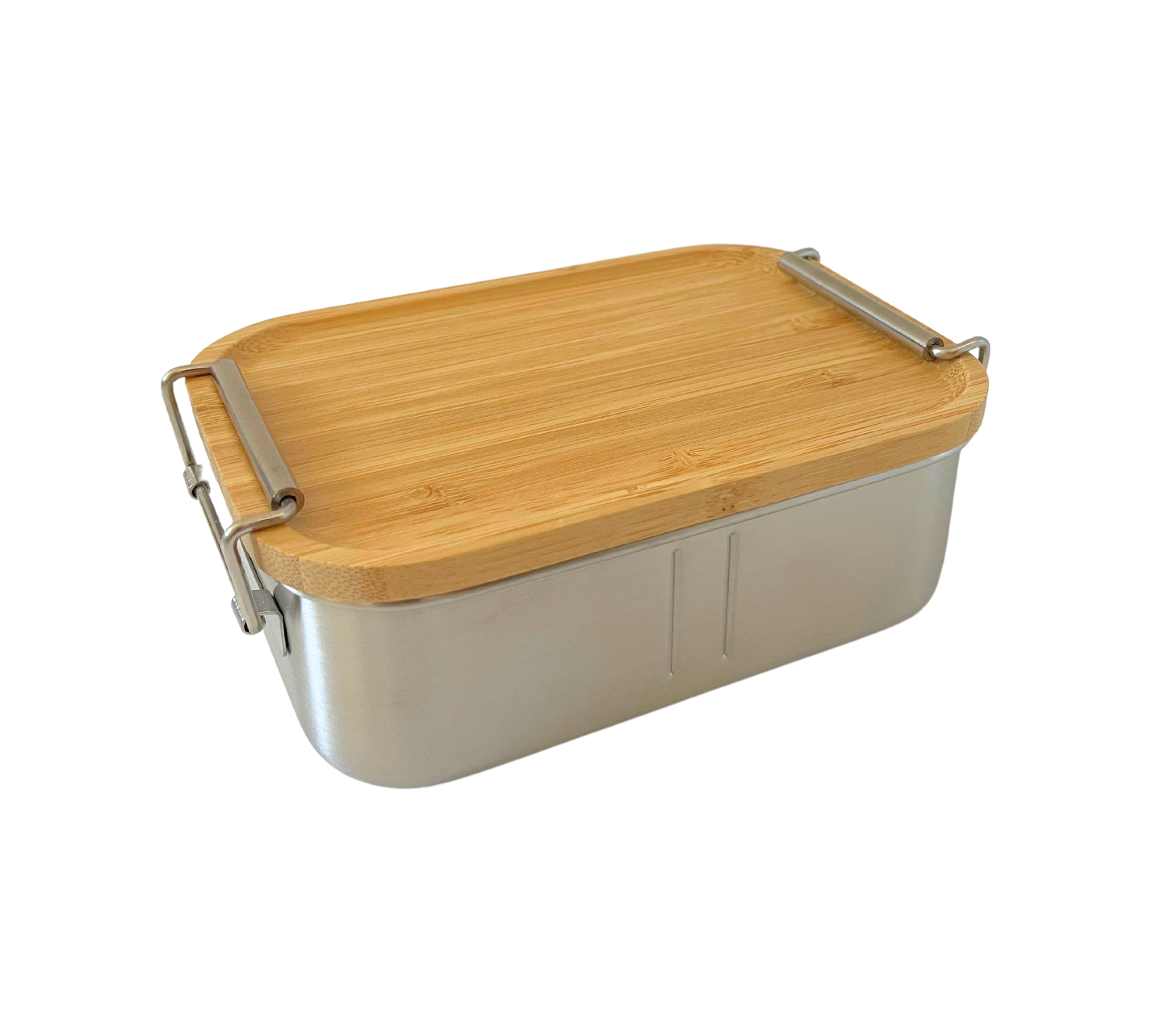 Angled view of stainless steel lunchbox with smooth bamboo lid – sustainable and compact for kids' lunches or snacks.