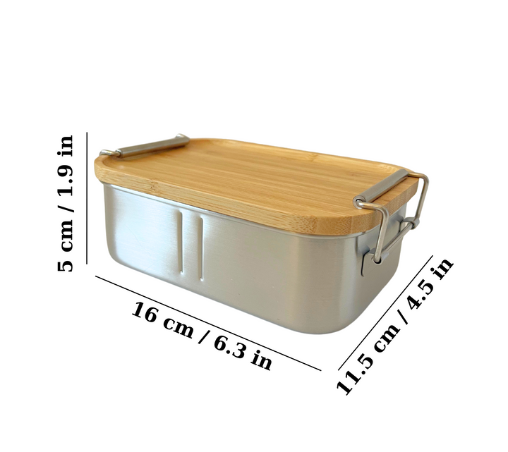Personalised bamboo and stainless steel lunchbox with size dimensions: 16 cm x 11.5 cm x 5 cm. Compact, lightweight, ideal for school or kindy snacks