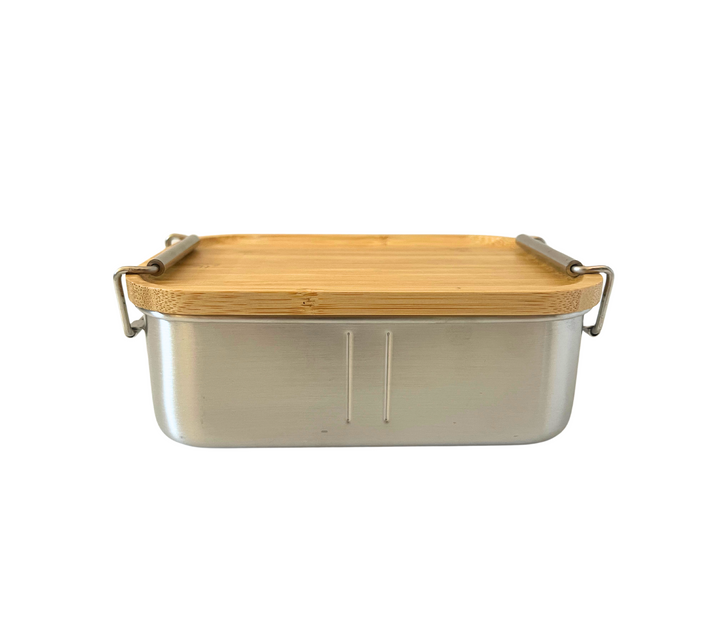 Front view of personalised lunchbox with bamboo lid and stainless steel base. Eco-friendly and perfect for school or daycare meals