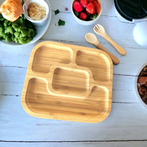 Bamboo Rectangle Divided Plate and Cutlery Kids Dinner Set - The Little Bunny Australia