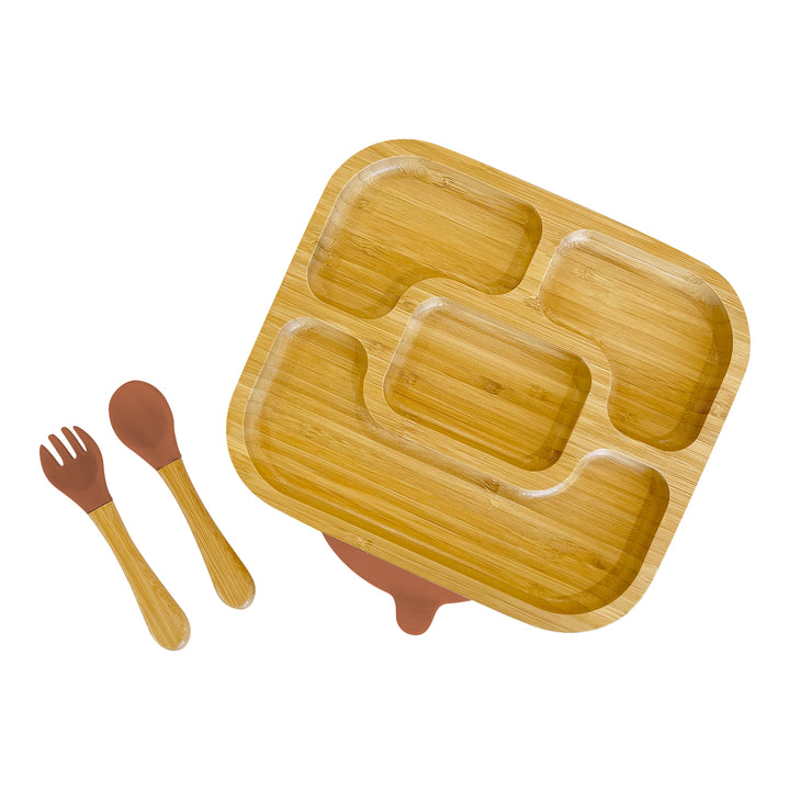 Bamboo Rectangle Divided Plate and Cutlery Kids Dinner Set - The Little Bunny Australia