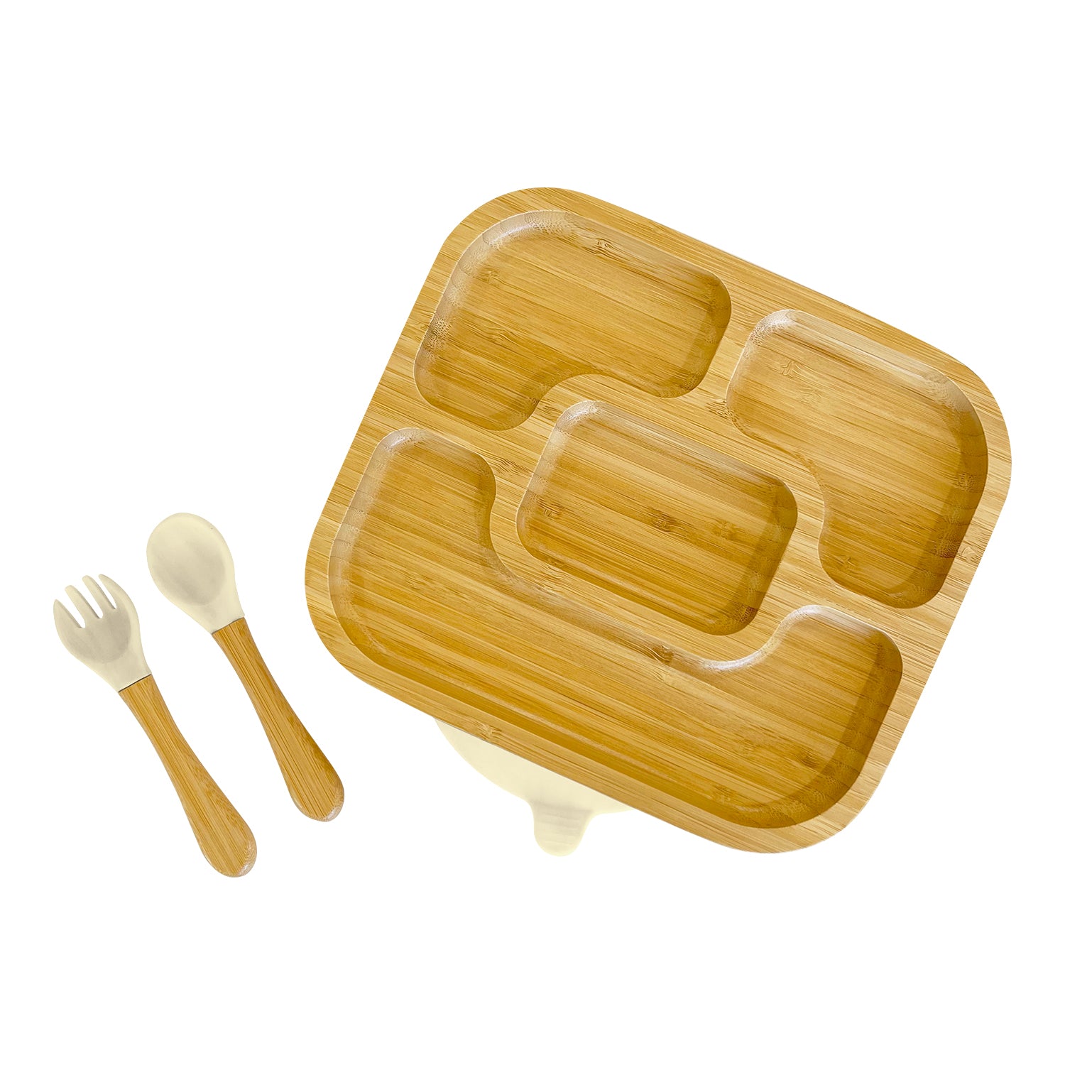 Bamboo Rectangle Divided Plate and Cutlery Kids Dinner Set - The Little Bunny Australia