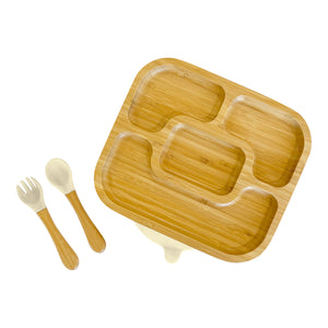 Bamboo Rectangle Divided Plate and Cutlery Kids Dinner Set - The Little Bunny Australia