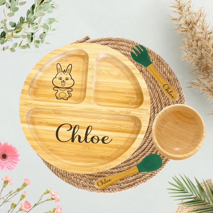 bamboo round plate for baby with personalised little bunny and baby's name Chloe. Bamboo plate comes with bamboo bowl and bamboo cutlery with personlised baby name 