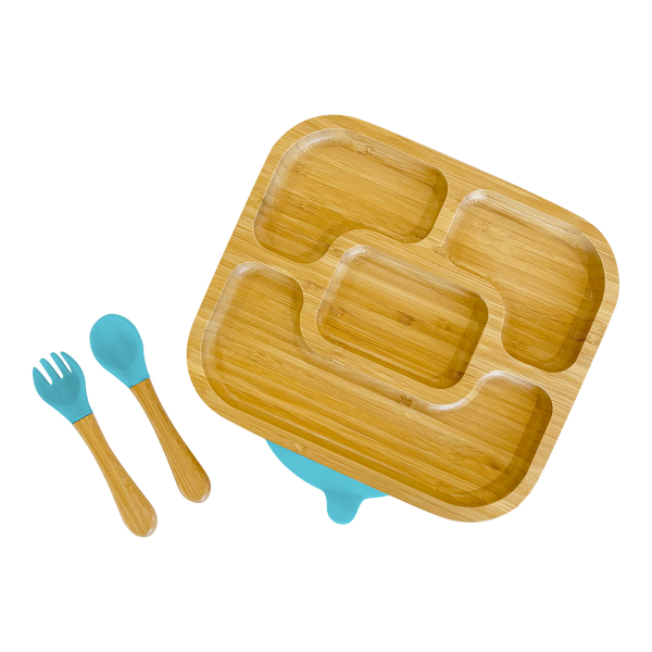 Bamboo Rectangle Divided Plate and Cutlery Kids Dinner Set - The Little Bunny Australia