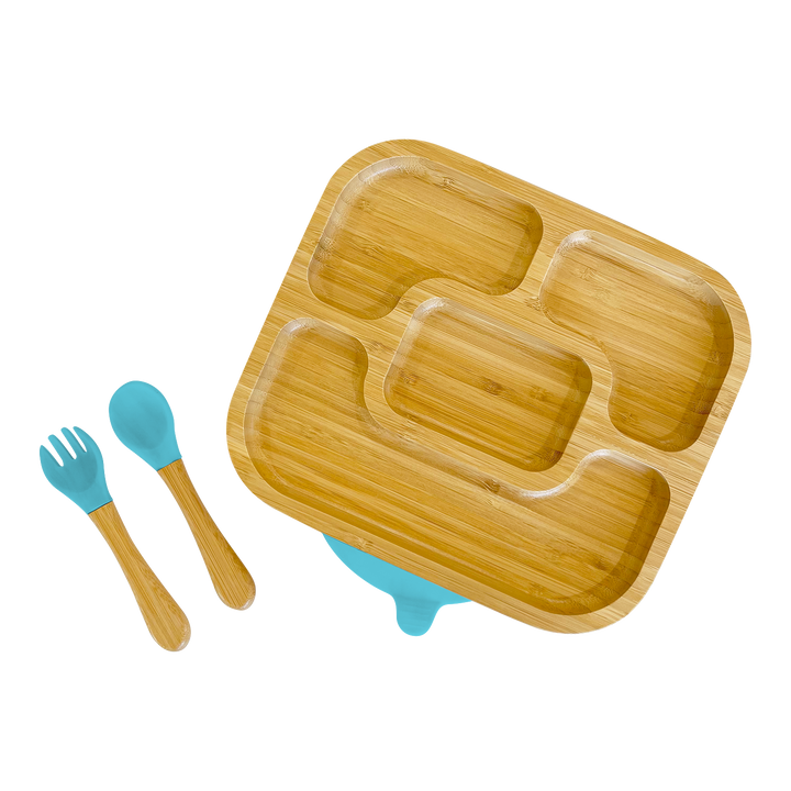 Bamboo Rectangle Divided Plate and Cutlery Kids Dinner Set - The Little Bunny Australia