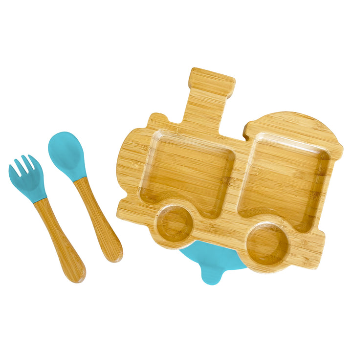 Bamboo Train Plate and Cutlery Set For Baby Weaning - The Little Bunny Australia