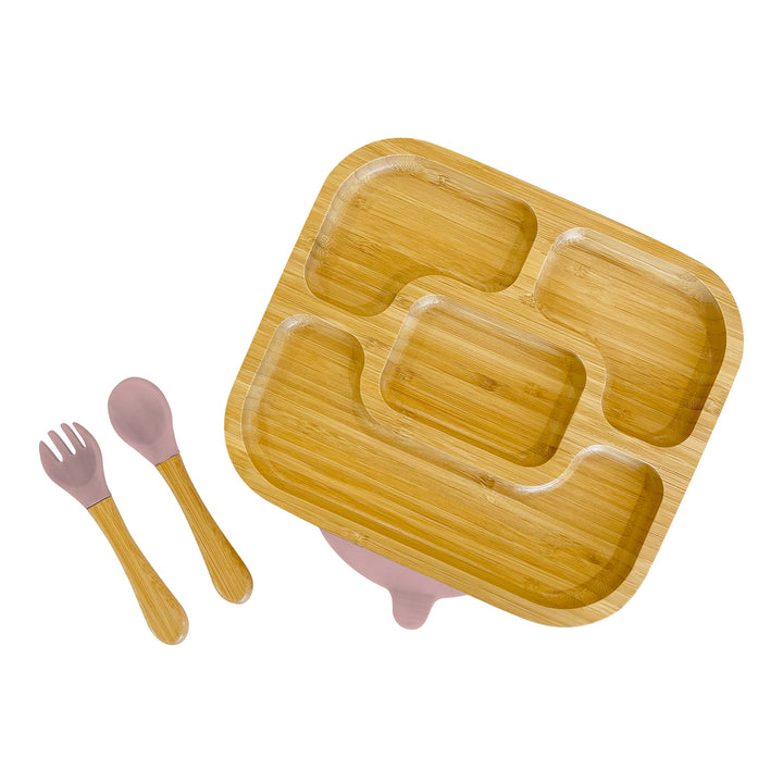 Bamboo Rectangle Divided Plate and Cutlery Kids Dinner Set - The Little Bunny Australia