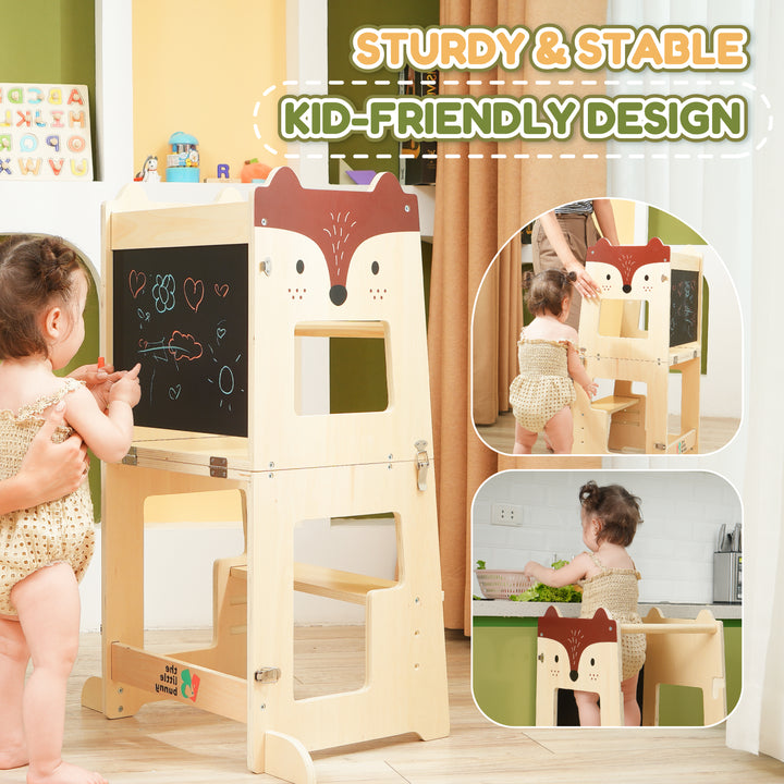 Toddler playing with The Little Bunny fox-themed learning tower in blackboard, kitchen, and table modes — safe, sturdy, and child-friendly design