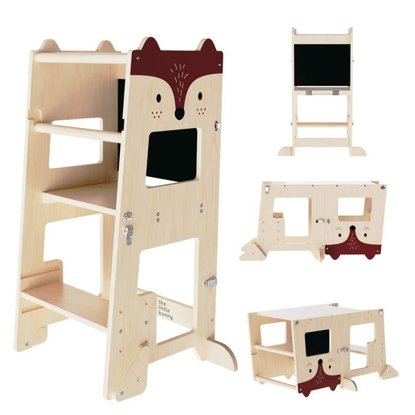 Multi-functional fox-themed wooden learning tower by The Little Bunny, converts into a toddler table with a blackboard for drawing and play