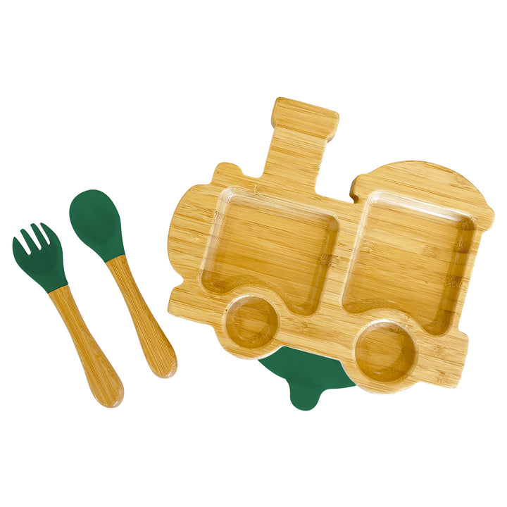 Bamboo Train Plate and Cutlery Set For Baby Weaning - The Little Bunny Australia