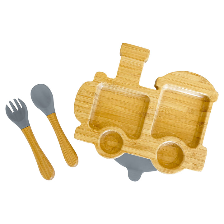 Bamboo Train Plate and Cutlery Set For Baby Weaning - The Little Bunny Australia