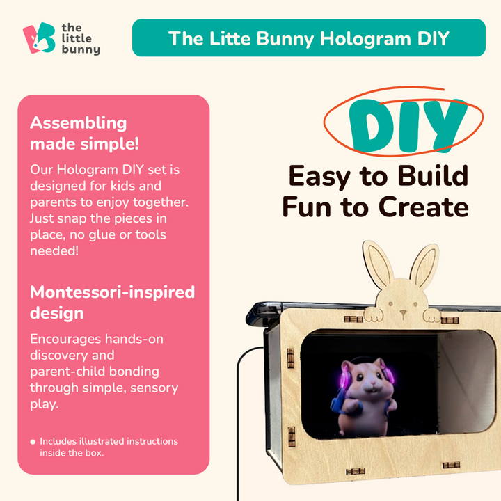 A wooden hologram box with bunny ears displaying a 3D animal image on a learning card. Promotes screen-free discovery for kids aged 1–3 through playful STEM exploration.