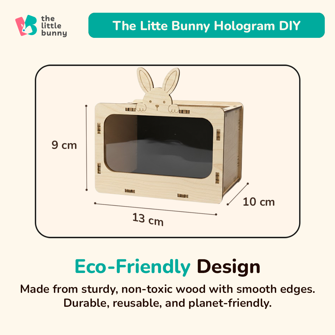 A wooden hologram box with bunny ears, 13×10×9 cm in size. Made from smooth, non-toxic wood and acrylic—durable, reusable, and eco-friendly for safe toddler play.