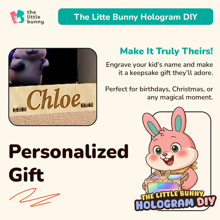 Wooden hologram DIY box engraved with the name “Chloe,” shown with a bunny mascot. A personalised Montessori keepsake toy is perfect for birthdays or as a family gift.