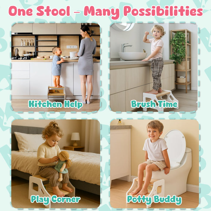 Multi-use kids step stool by The Little Bunny, shown in 4 scenes: helping in the kitchen, brushing teeth, pretend play, and toilet training
