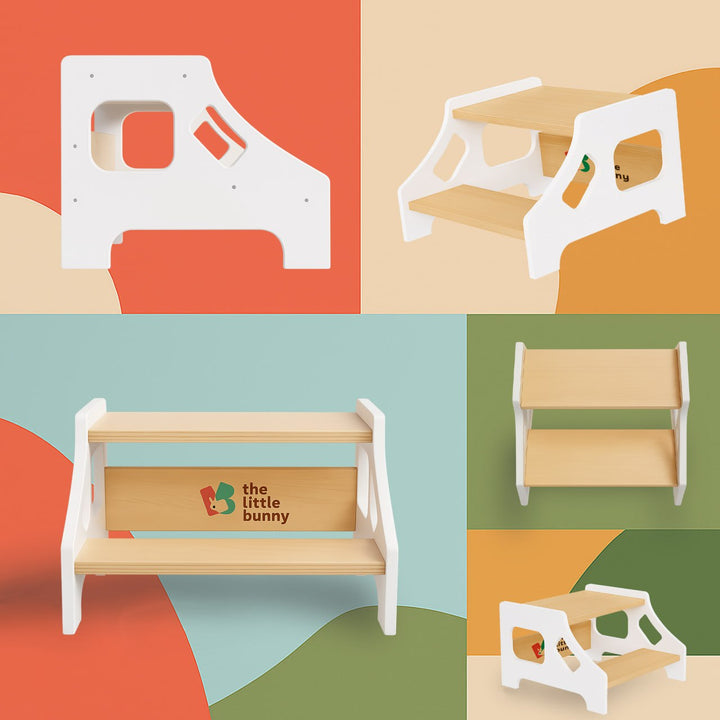 The Little Bunny Australia’s wooden step stool for toddlers, shown from multiple angles with modern curved design and natural wood finish. Ideal for kids aged 2 to 6.