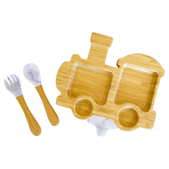 Bamboo Train Plate and Cutlery Set For Baby Weaning - The Little Bunny Australia