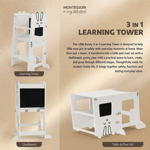 Diagram showing the bunny learning tower transforming into a chalkboard easel and a table-and-chair set