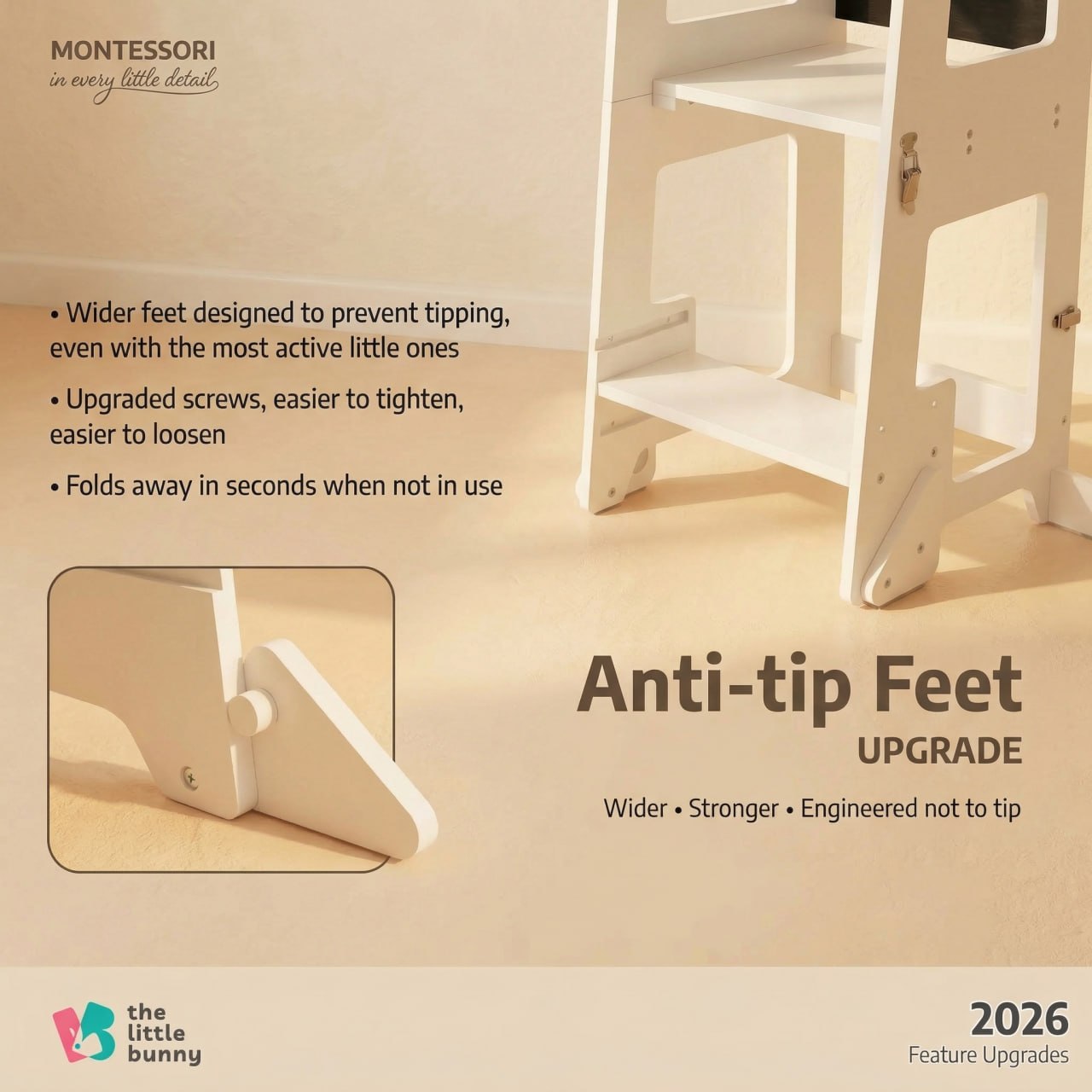 Close-up of the wider, anti-tip feet on the bunny learning tower for extra stability