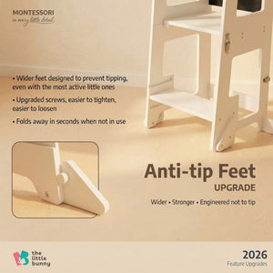 Close-up of the wider, anti-tip feet on the bunny learning tower for extra stability