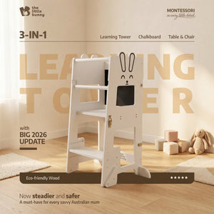 Bunny-shaped 3-in-1 Montessori learning tower in a children's playroom, eco-friendly wood with a steadier 2026 updated design