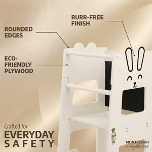 Safety features of the wooden bunny learning tower: rounded edges, eco-friendly plywood, burr-free finish