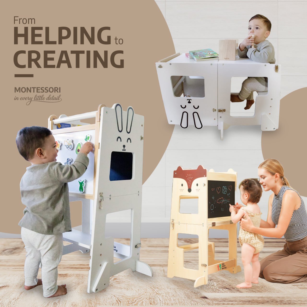 Toddler drawing on the bunny learning tower's chalkboard while a parent and another child use the fox tower nearby