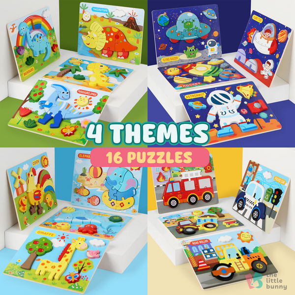 Montessori puzzle for toddlers in Australia – 4 fun themes with 16 colourful wooden puzzles: dinosaurs, animals, vehicles, and astronauts