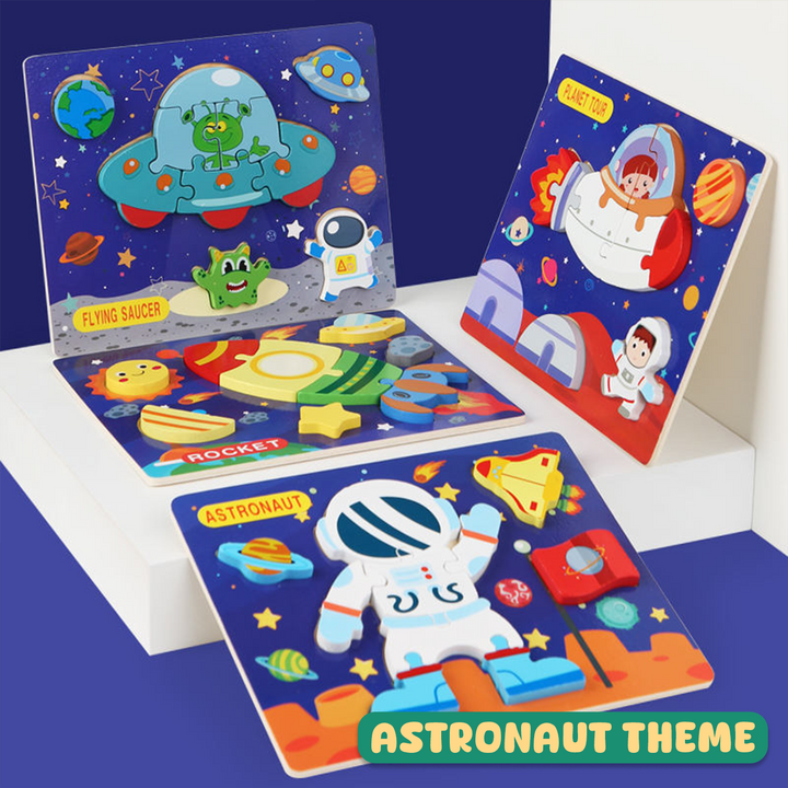 Montessori toys Australia – astronaut theme puzzle set for toddlers, colourful wooden pieces that encourage logical thinking and focus