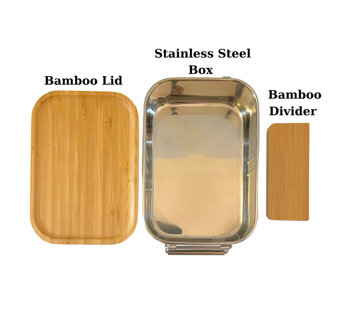 Personalised stainless steel lunchbox set with bamboo lid and removable bamboo divider – parts displayed separately