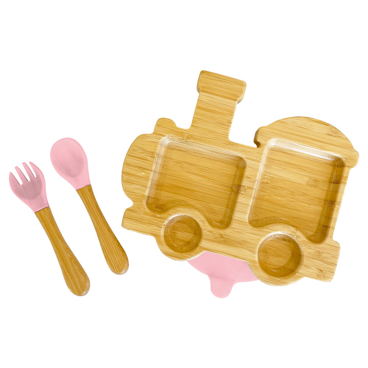 Bamboo Train Plate and Cutlery Set For Baby Weaning - The Little Bunny Australia