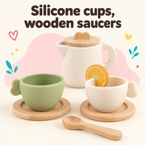Sage green and cream silicone cups on wooden saucers