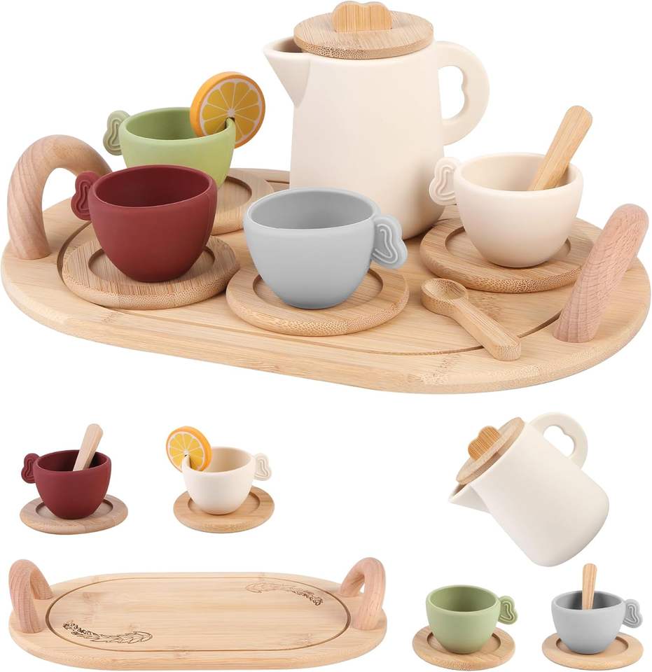 Silicone pretend tea set with a wooden tray, teapot and cups