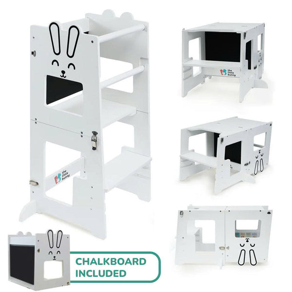 White children's play desk with bunny design and chalkboard included, shown from multiple angles.