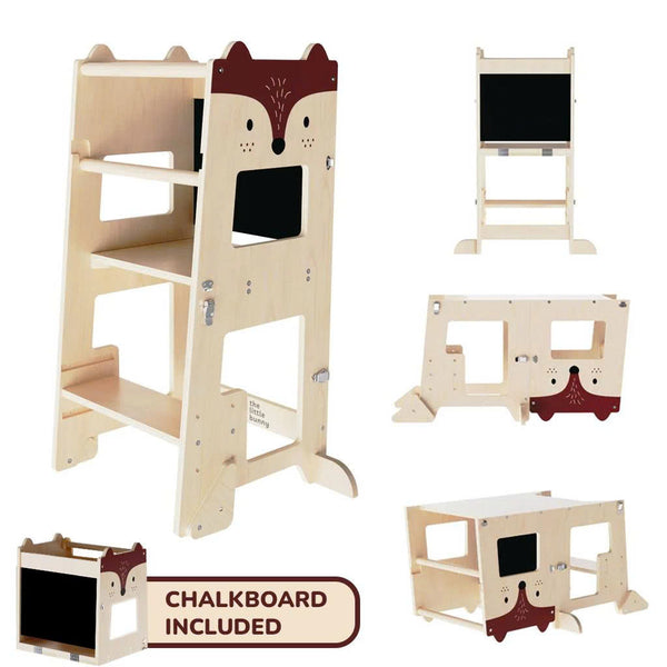 Wooden children's chair with chalkboard included, designed like a fox, on a white background.