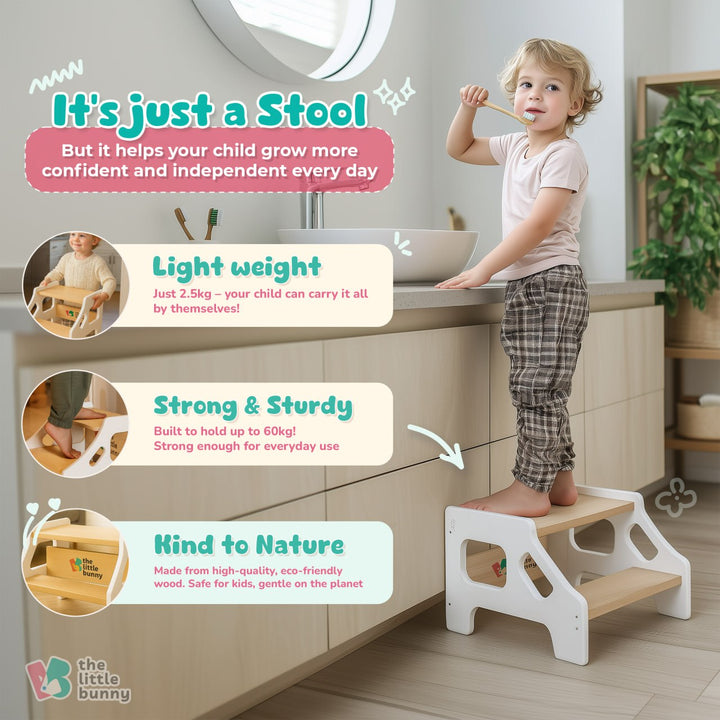 A young child using The Little Bunny step stool to brush teeth, with text highlighting its lightweight design, strong build, and eco-friendly materials