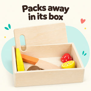 Wooden play food pieces packed away in a wooden storage box